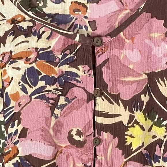 O'neill Blouse Women Size S Boho Pink Brown Yellow‎ Button Front Swing Hem - Picture 7 of 12